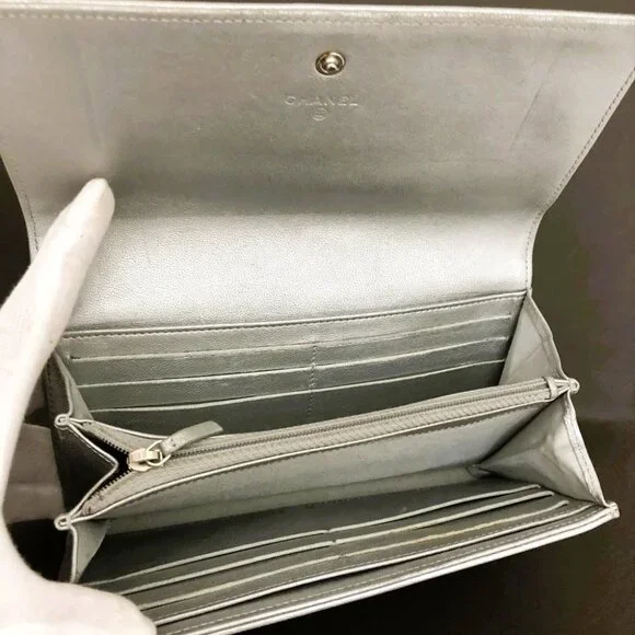 CHANEL Mademoiselle CC Logo Leather Long Bifold Wallet Silver/2BJ1823 - Picture 6 of 8